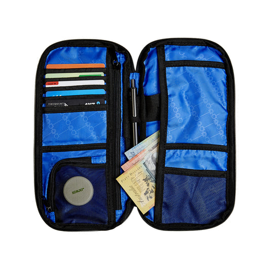 Blue travel organizer with compartments on a white background