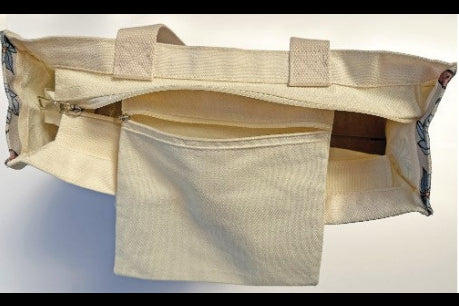 Beige fabric bag with a zipper on a light gray background