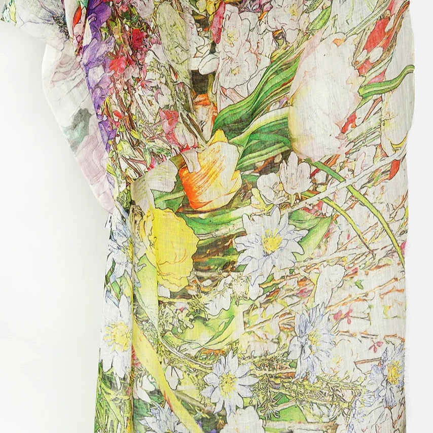 Soft Linen Scarf by Tradition Textiles - Multi-Coloured Floral Design on White."