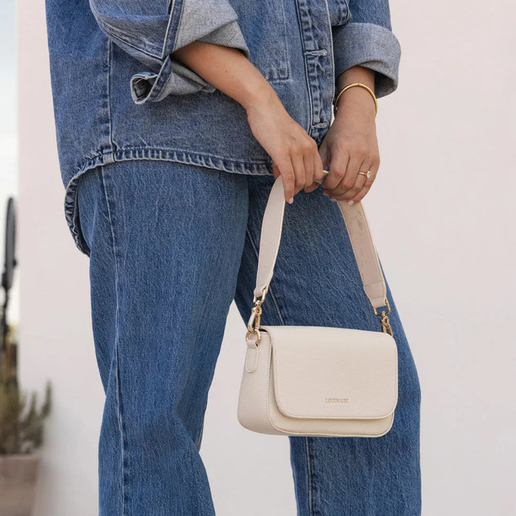 Louenhide Fergie Shoulder Bag in Vanilla with two straps - lifestyle view.