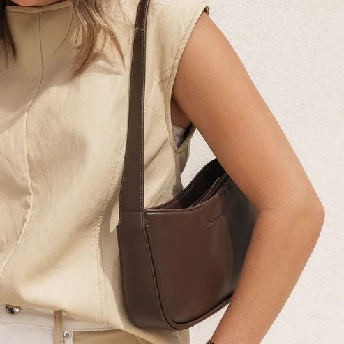 Louenhide Ivy Shoulder Bag in chocolate showing the short strap option