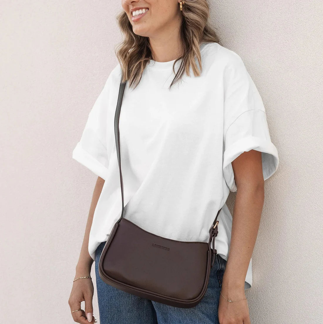 Louenhide Ivy Shoulder Bag in chocolate showing the long strap option