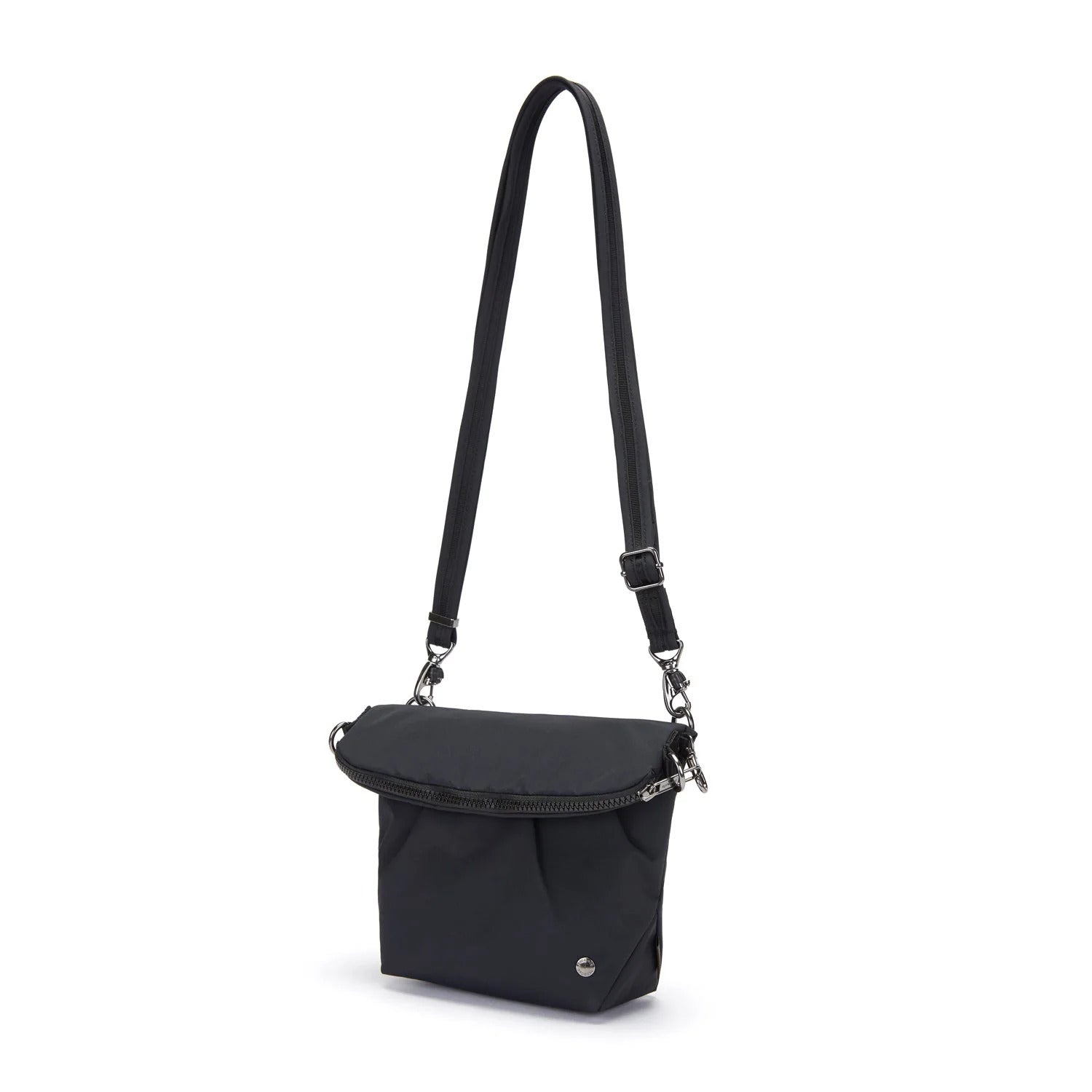 Black crossbody bag with a strap on a white background