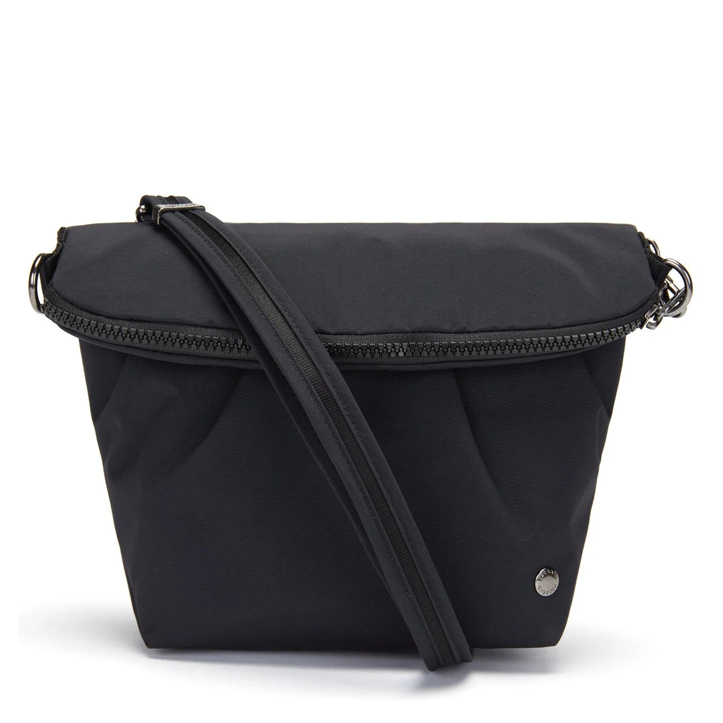 Black crossbody bag on a white background