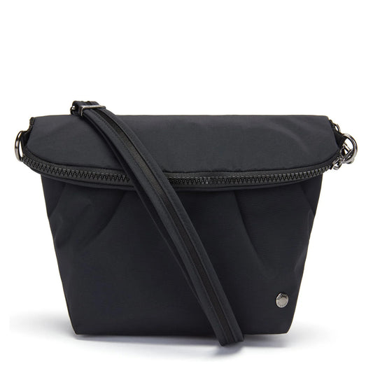 Black crossbody bag on a white background