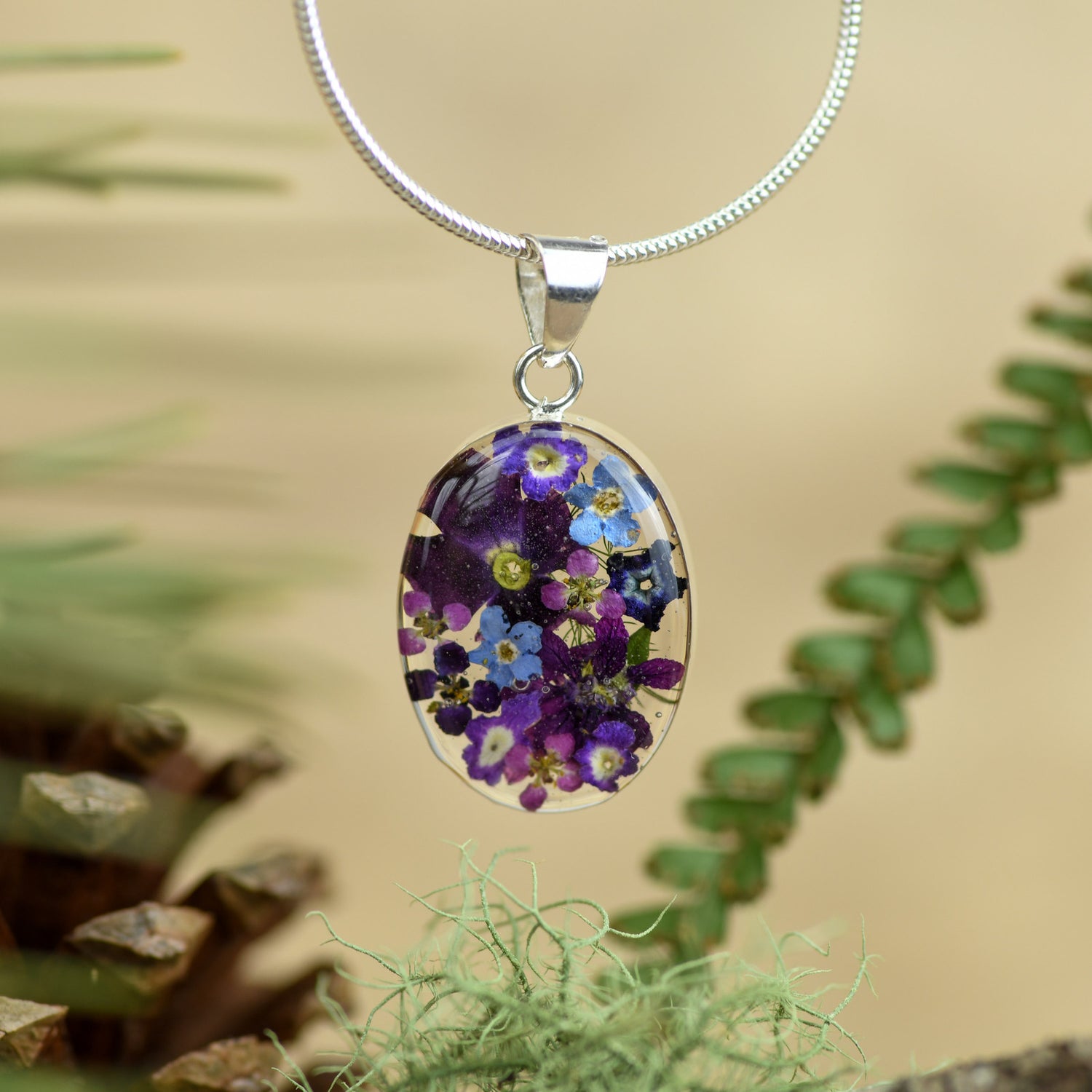 Mexican purple flower oval necklace