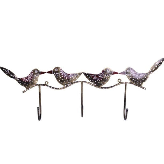 Decorative metal wall hook with four bird designs on a white background