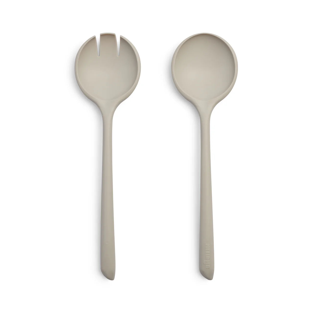 Two beige salad servers on a white background