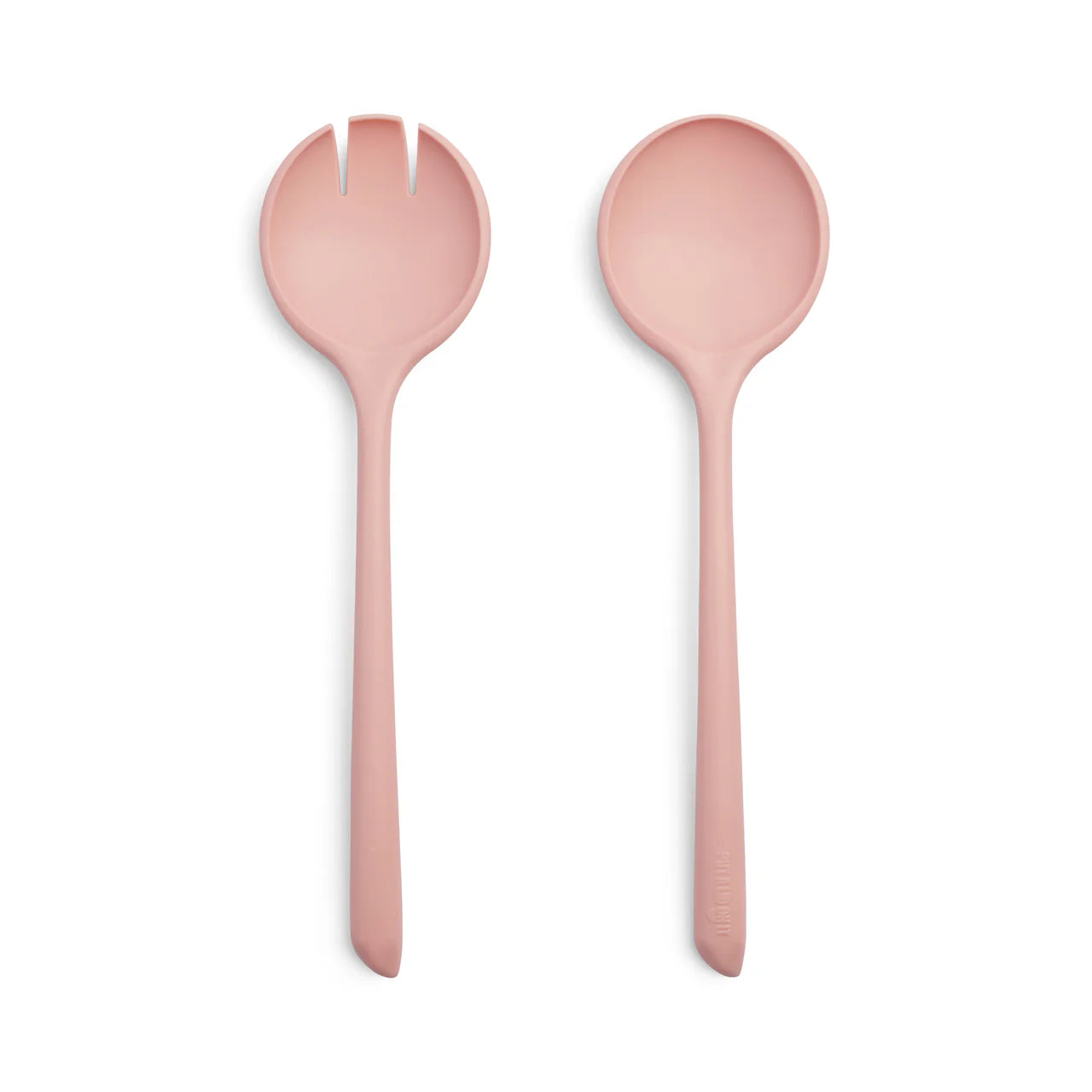 Set of two pink salad servers on a white background