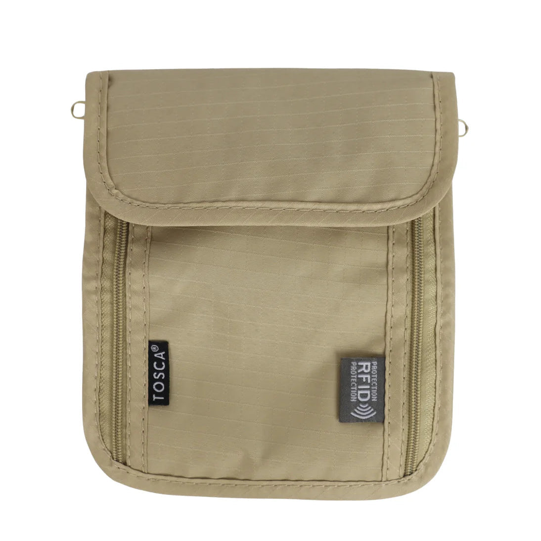 Beige neck pouch with RFID blocking feature on a white background