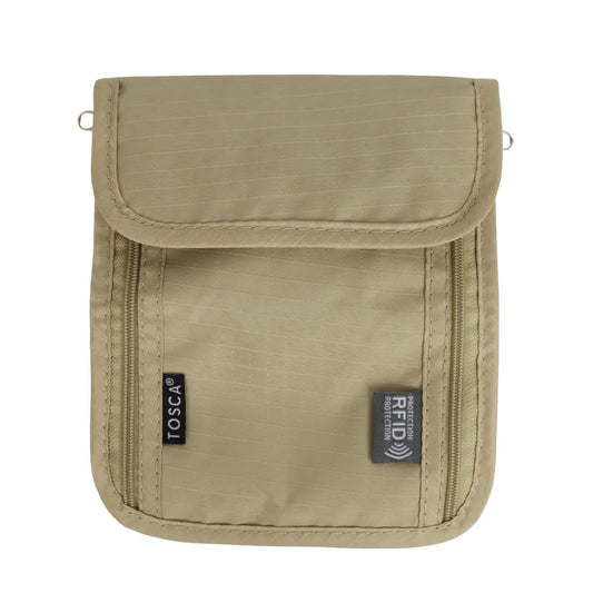 Beige neck pouch with RFID blocking feature on a white background