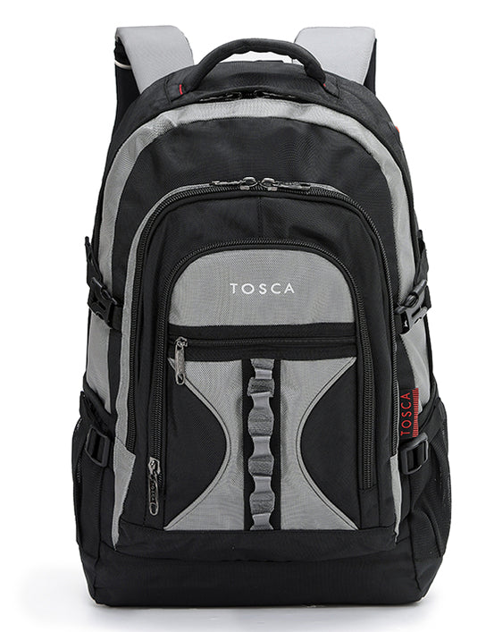 Black and gray backpack with 'Tosca' branding on a white background