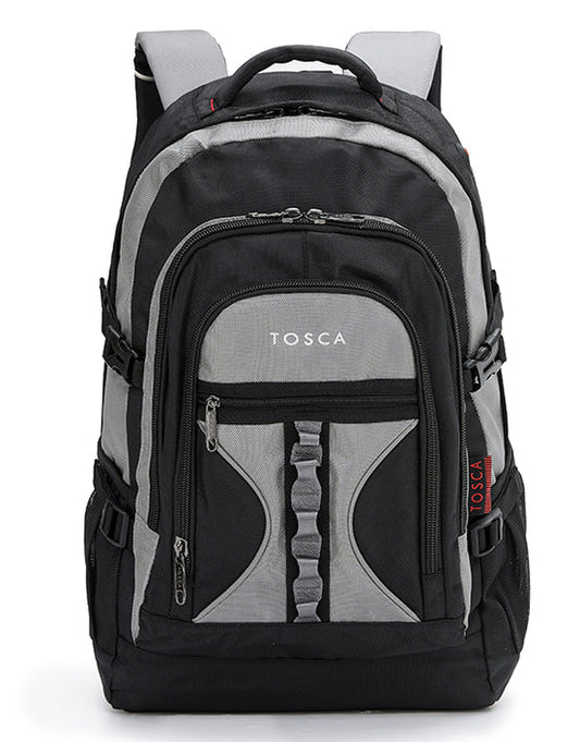 Black and gray backpack with 'Tosca' branding on a white background