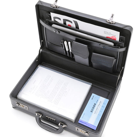 Open briefcase with compartments and documents on a white background