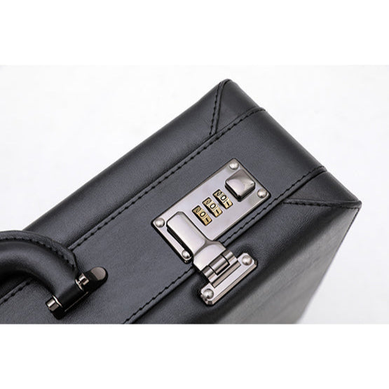 Black leather briefcase with a silver lock on a white background