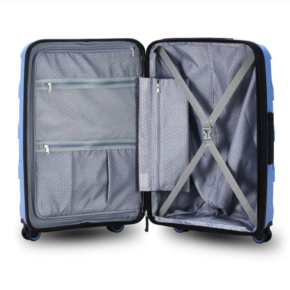 Open blue suitcase with interior compartments on a white background