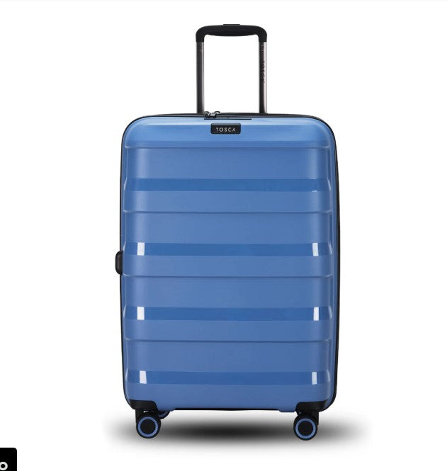 Blue suitcase with a visible brand logo on a white background