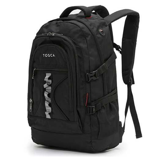 Black backpack with multiple pockets and a visible brand logo on a white background