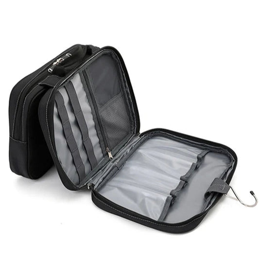 open view of the Black travel organizer with clear compartments 