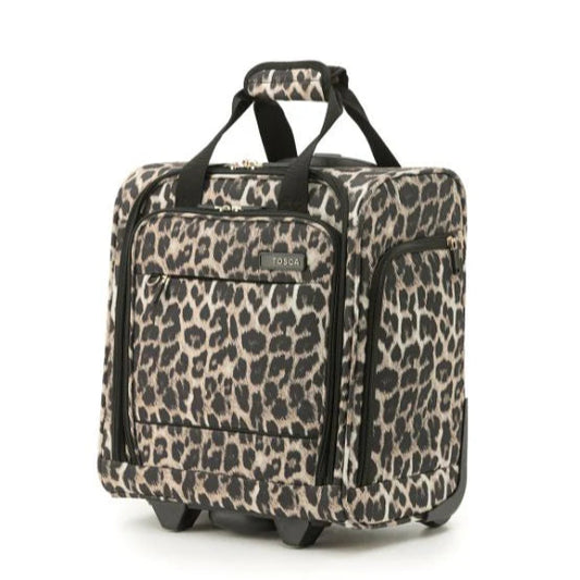 Leopard print rolling suitcase - fits under most airline seats. Front view.