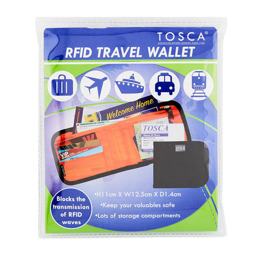 Tosca RFID travel wallet packaging on a white background