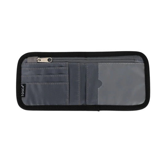Black travel wallet with multiple pockets on a white background