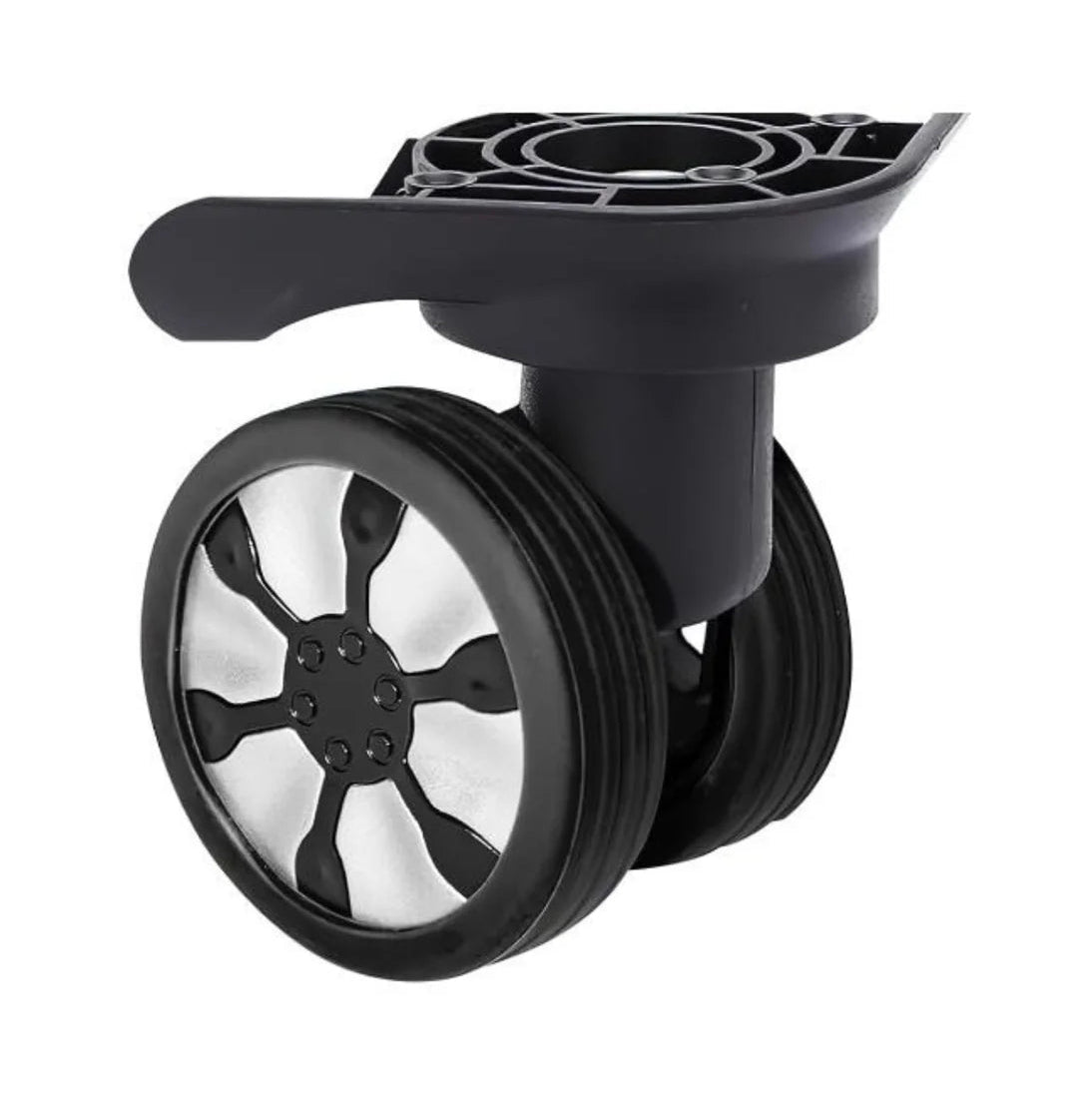 Silicone Wheel Covers 8-piece set in black – protects luggage wheels from wear, dirt, dust, and moisture for secure travel.  Close up view.
