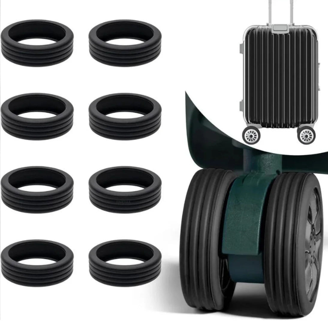 Silicone Wheel Covers 8-piece set in black – protects luggage wheels from wear, dirt, dust, and moisture for secure travel.  Full view.