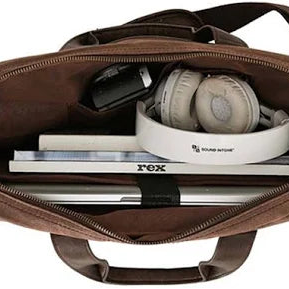 Brown canvas briefcase with electronic devices inside on a white background