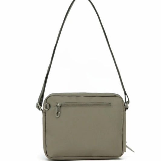 Taupe crossbody bag with a black strap on a white background