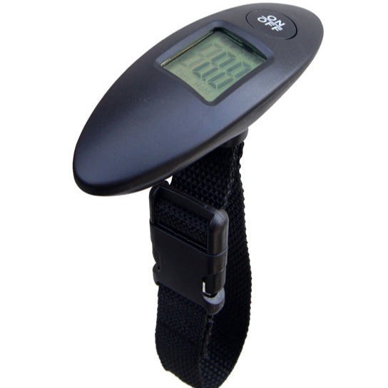 A digital luggage scale with a black color scheme, featuring an LCD screen and a strap for portability.
