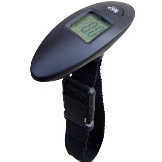 A digital luggage scale with a black color scheme, featuring an LCD screen and a strap for portability.