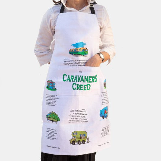 Person wearing a white apron with 'Caravaners Creed' text and illustrations on a white background