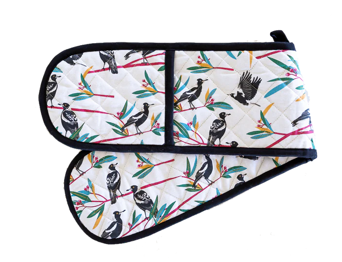 Oven mitt with bird and floral pattern on a white background