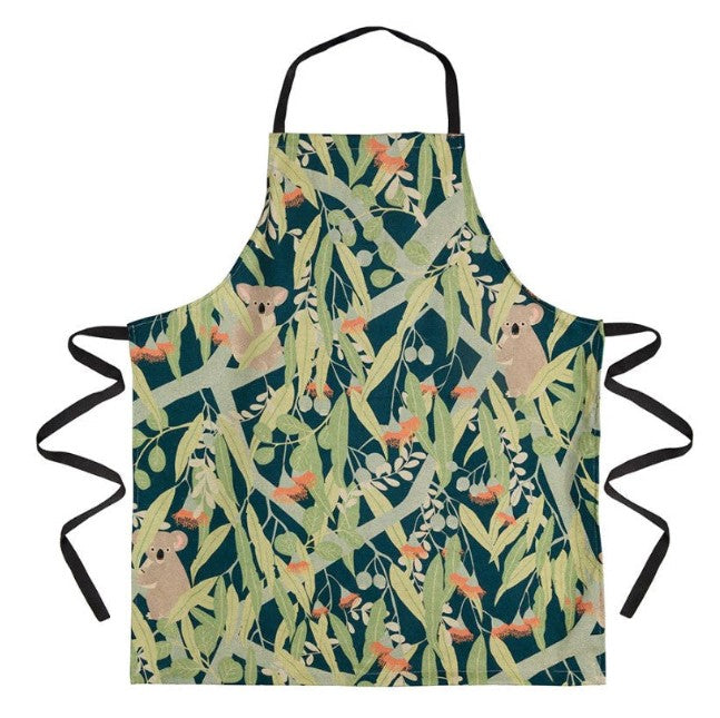 Apron with koala and eucalyptus leaf pattern on a white background