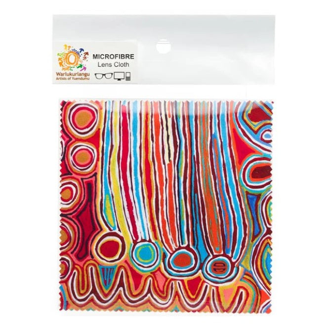 Colorful microfibre lens cloth with packaging on a white background