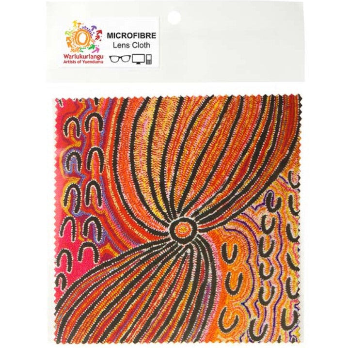 Microfibre lens cloth with Aboriginal art design on packaging
