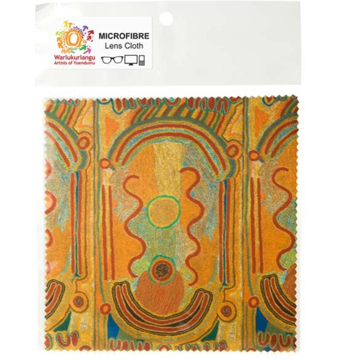 Microfibre lens cloth with Aboriginal art design on packaging