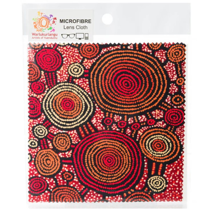 Microfibre lens cloth with Aboriginal art design on packaging