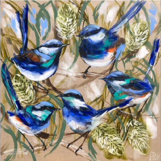 Artistic depiction of blue birds perched on branches with green leaves