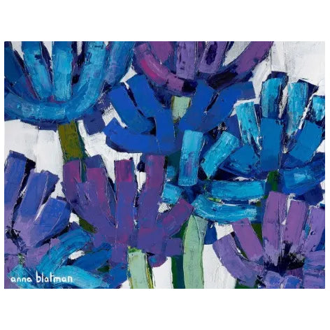 Abstract art piece with blue, purple, and green brush strokes on a white background.