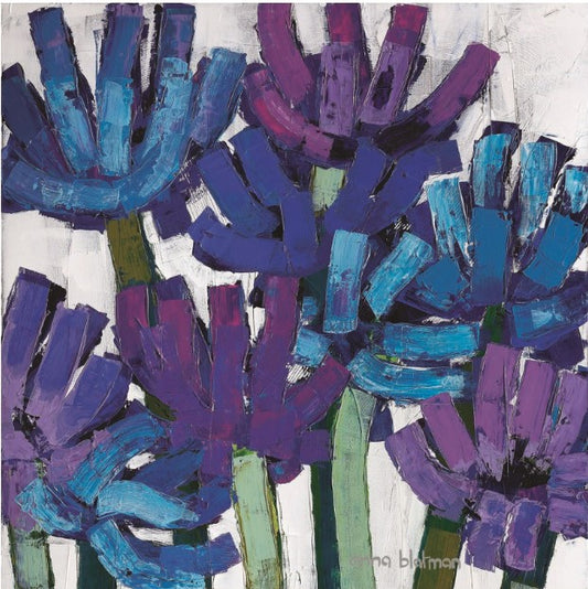 Abstract artwork with blue and purple abstract shapes on a white background