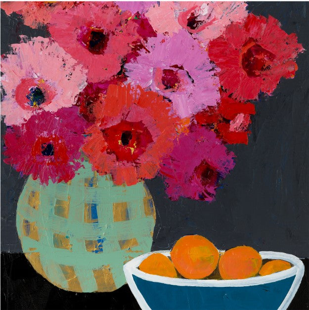 Colorful still life painting with flowers in a vase and oranges in a bowl on a dark background