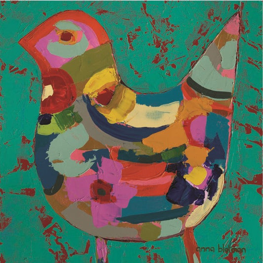 Abstract artwork with colorful geometric shapes on a teal background