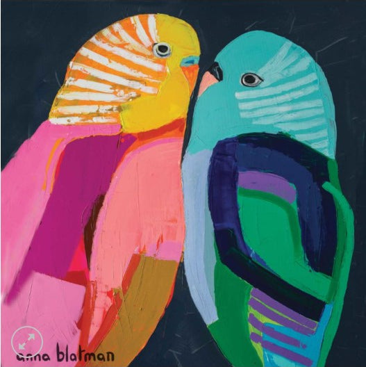 Colorful abstract painting of two parrots on a dark background