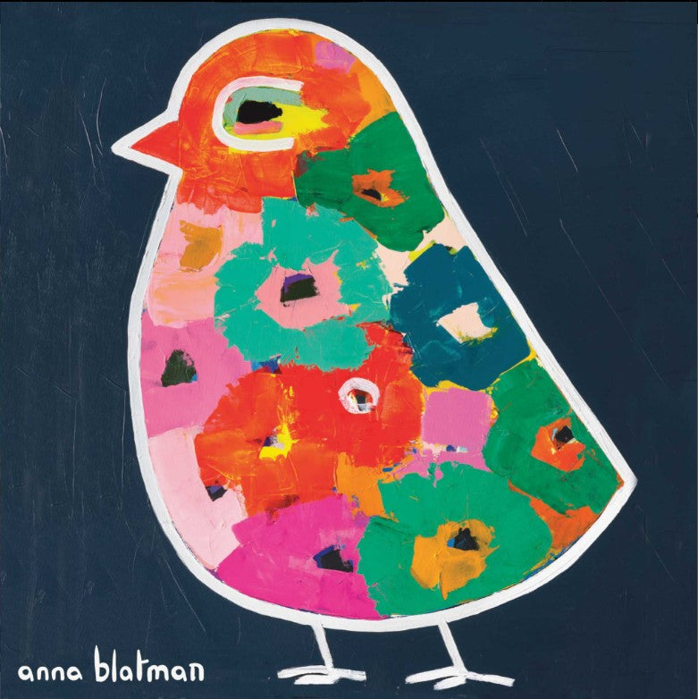 Colorful bird illustration with abstract floral patterns on a dark background, signed 'anna blatman'.
