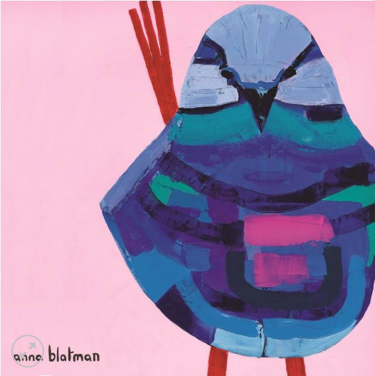 Abstract art piece with a colorful bird-like figure on a pink background, signed 'anne blatman'.