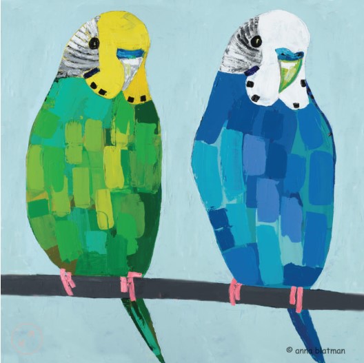 Two colorful budgies on a branch against a light blue background