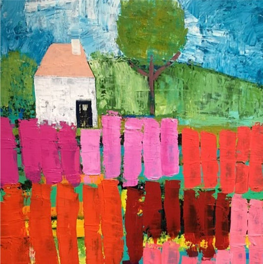 Colorful abstract painting of a house, trees, and fence with text overlay.
