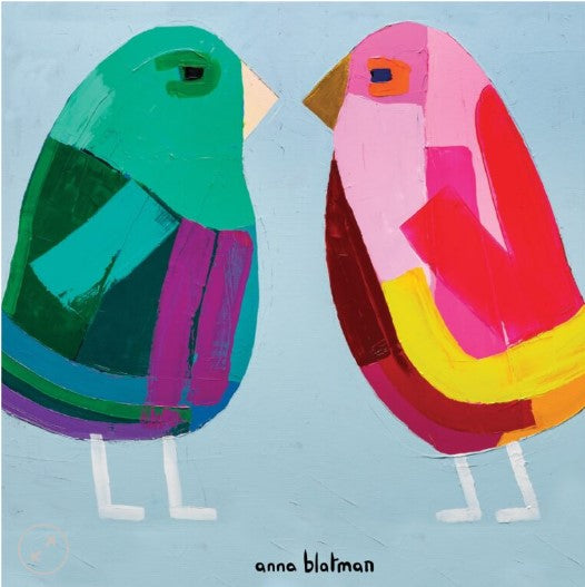 Two colorful birds facing each other on a light blue background, with 'anna blatman' signature.
